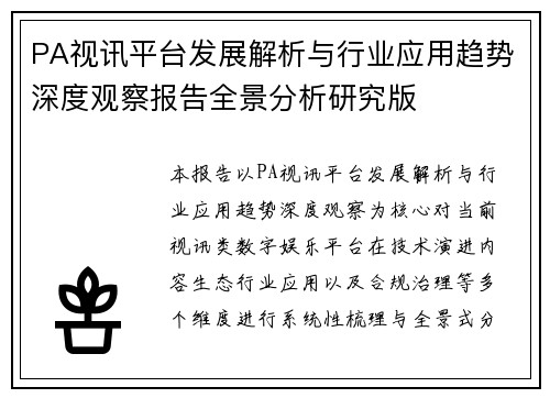PA视讯平台发展解析与行业应用趋势深度观察报告全景分析研究版